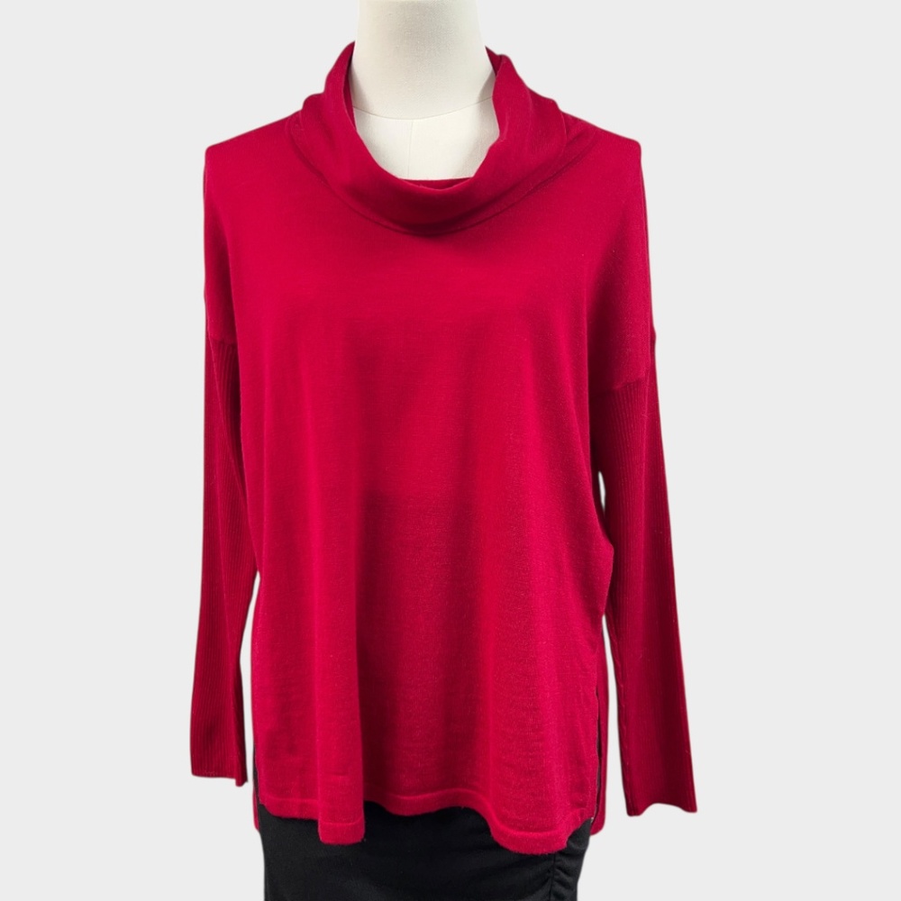 Eileen Fisher Sweater Womens Petite PP Red‎ Merino Wool Cowl Neck Tunic Pullover
